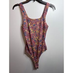Lulus Womens Floral Mesh Square Neck Sleeveless Thong Bodysuit Pink Small